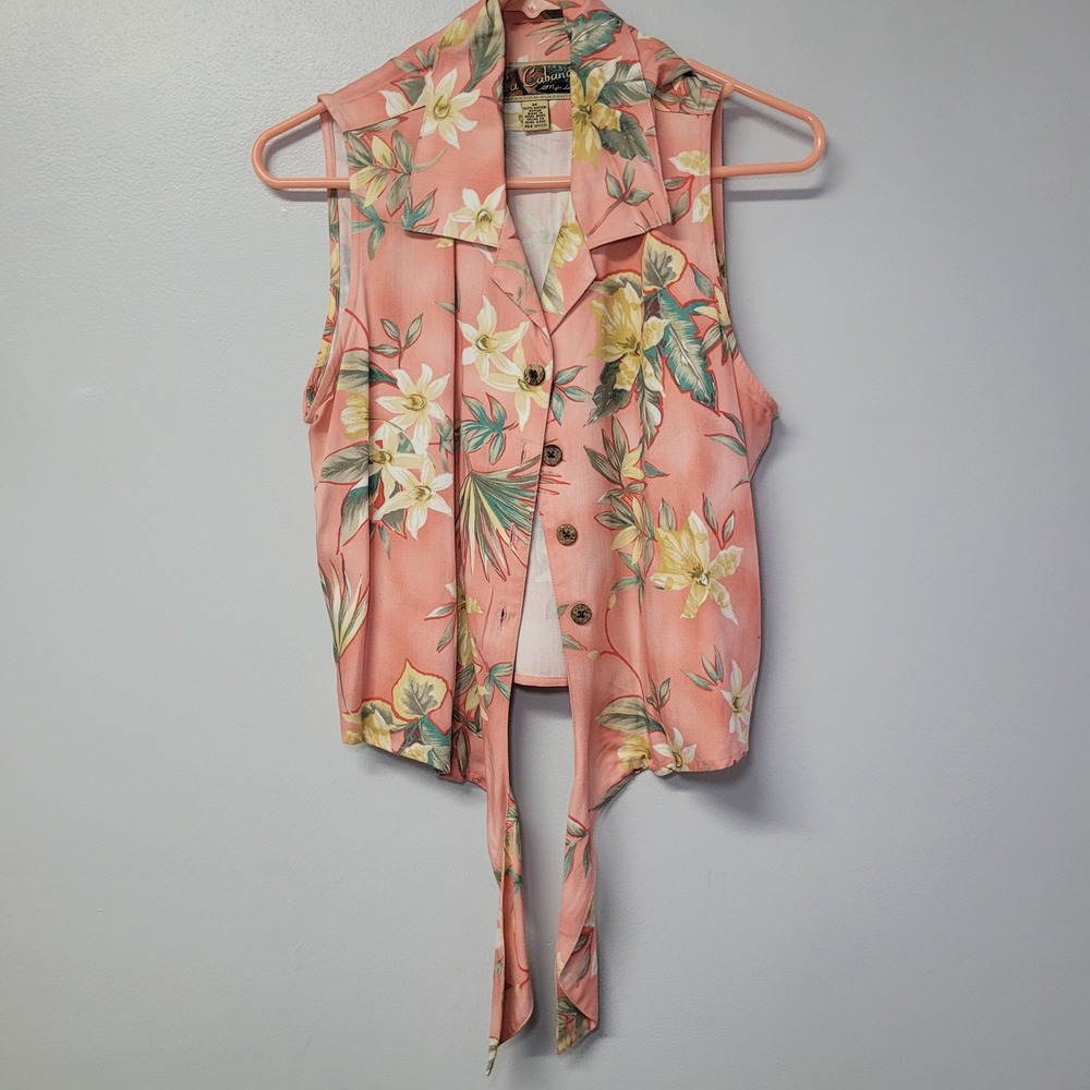 La Cabana All Night Long Pink Floral Rayon Sleeveless Tie Front Top M